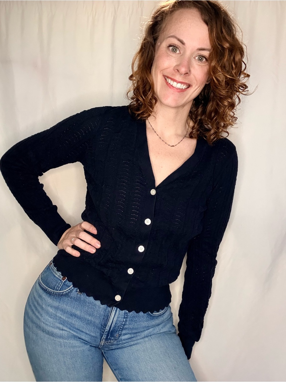 LOFT Black V-Neck Button Cardigan with Scalloped Hem